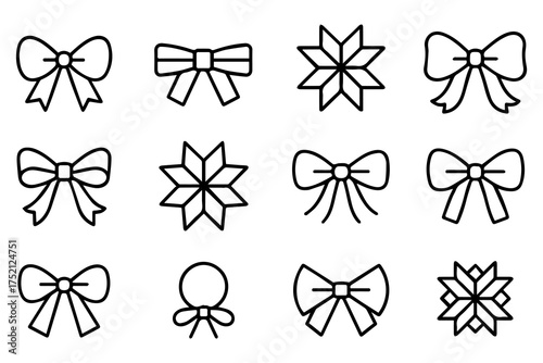 Set of black ribbon bow silhouettes vector illustration collection isolated on white background for decoration, gift wrap, fashion design, festive packaging, wedding, and craft elements