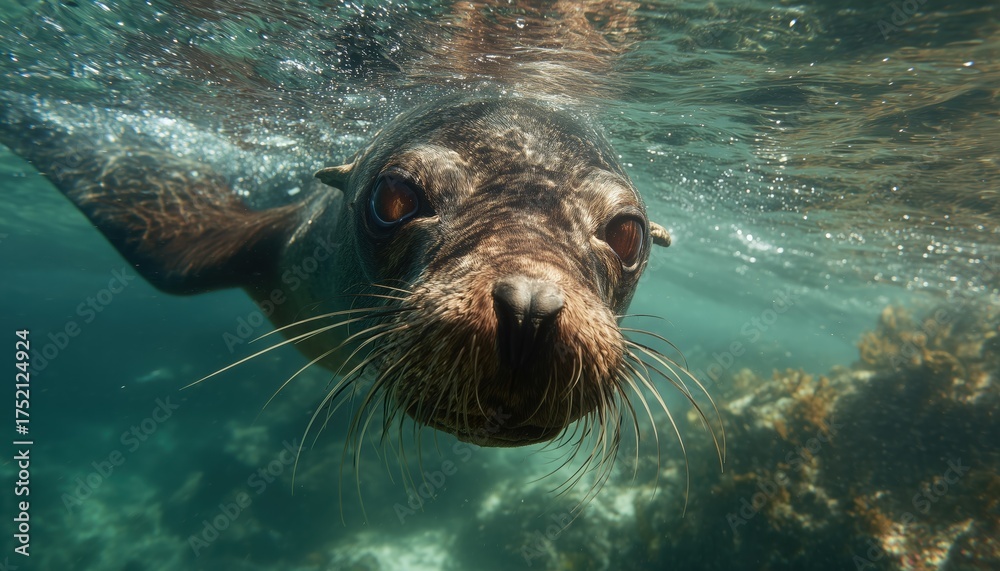 Fototapeta premium Exploring The Underwater World: Close Encounter With A Galapagos Fur Seal During A Scuba Diving Adventure Off The Coast Of Ecuador