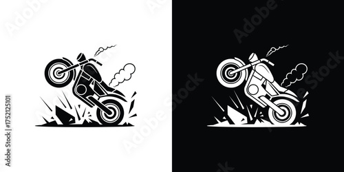 Stunt Bike Wheeling Silhouette, Motorbike Action, Smoke Clouds, Monochrome Design