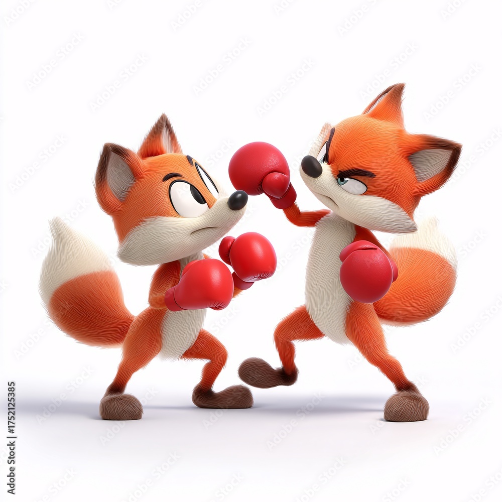 Fototapeta premium Playful 3D Cartoon Foxes Engaging in Boxing on White Background
