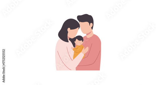 Young family holding baby in loving embrace on white background  