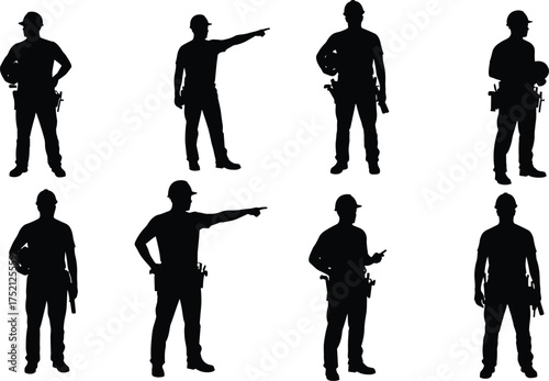 Construction worker silhouettes, industrial labor team, hard hat safety, tool belt crew, building site staff, engineering workforce, professional occupation, teamwork illustration, industry job