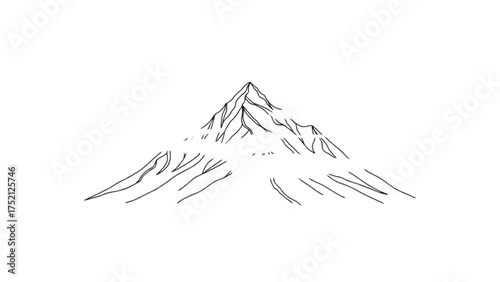 Simple minimalist mountain line drawing with elegant black sketch strokes on white background representing nature landscape. Illustration design concept
