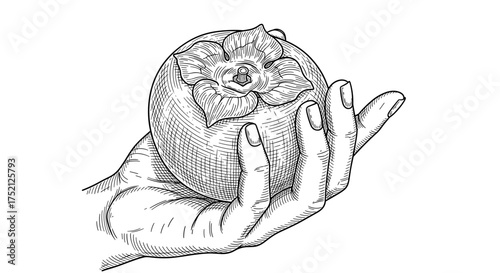 Ripe detailed persimmon in woman hand engraving sketch hand drawn style black and white vintage illustration vector