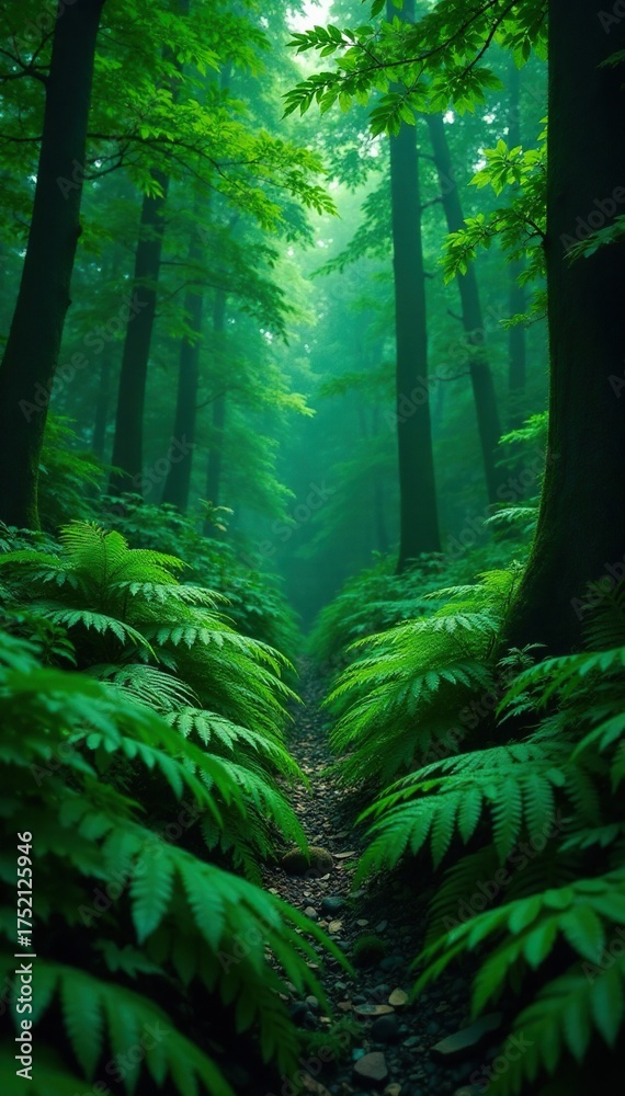 Fototapeta premium Dense foliage of dark green ferns in rainforest, foliage, canopy, forest