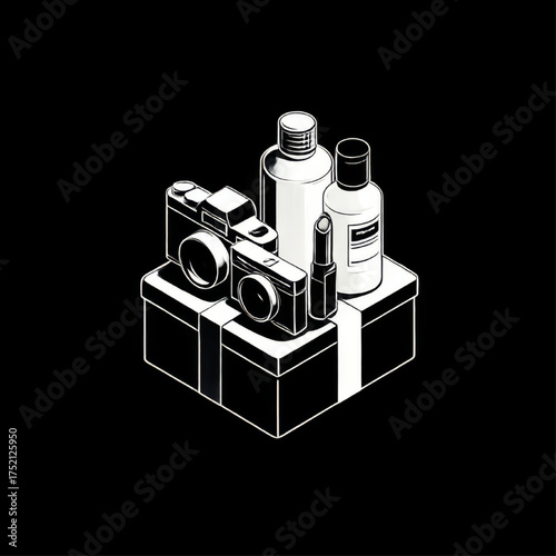 Isometric gift box with cameras and cosmetics, black and white, modern lifestyle presents