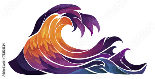Abstract stylized wave illustration graphic design with watercolor texture vibrant colors on dark background