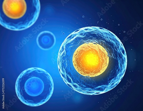 Microscopic Universe: A captivating view into the world of science, showcasing a cluster of vibrant cells, each radiating a unique internal glow, set against a brilliant blue backdrop.