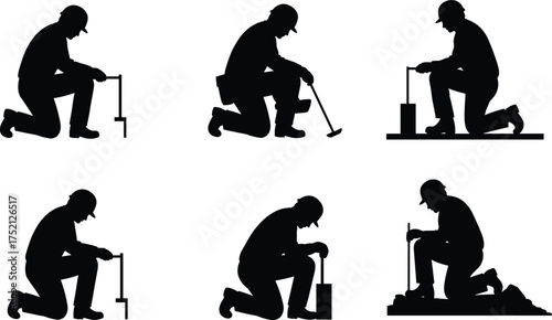 Soil testing silhouettes, geotechnical engineering, environmental study, ground sampling, fieldwork, operator, 