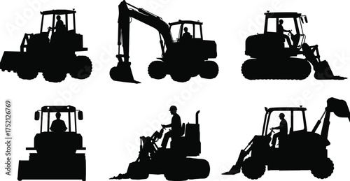 Silhouette construction vehicles, bulldozer, excavator, loader, road roller, backhoe, heavy machinery, industrial equipment, earthmoving, building site, operator, engineering, architecture, 