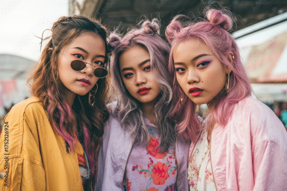 Obraz premium Stylish young asian females with colorful hair and fashionable attire
