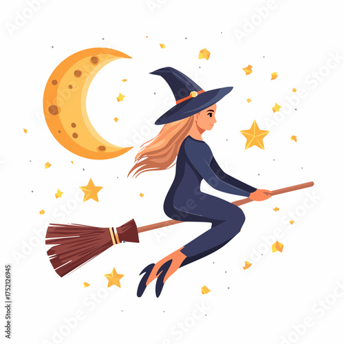Witch Flying on Broomstick Flat Vector