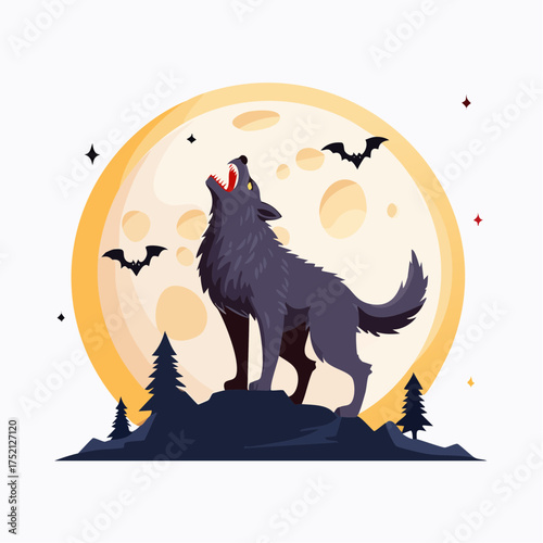 Werewolf Howling at Full Moon Flat Vector