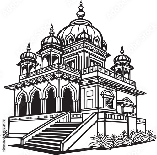Detailed black and white illustration of an ornate historical building
