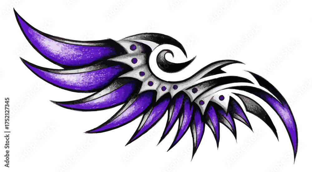Fototapeta premium Stylized wing illustration with detailed design and purple accents on black background