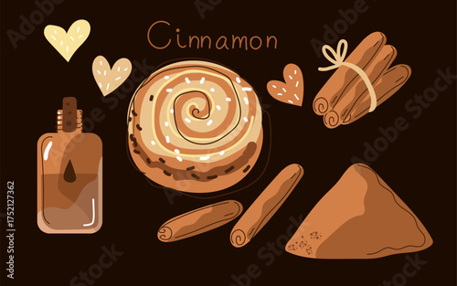 vector set of cinnamon in various forms including sticks, powder, oil, and a bun, with decorative hearts for culinary and aromatic use.