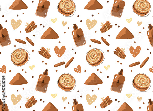 seamless pattern of cinnamon in various forms including sticks, powder, oil, and a bun, with decorative hearts for culinary and aromatic use. 