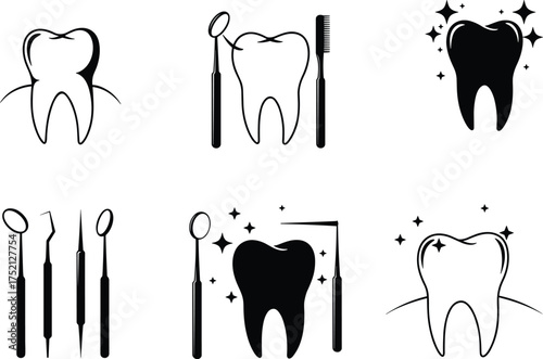 Dental icons, tooth care, oral hygiene, dental tools, clean teeth, sparkling tooth, dental mirror, scaler, healthy gums, cavity illustration