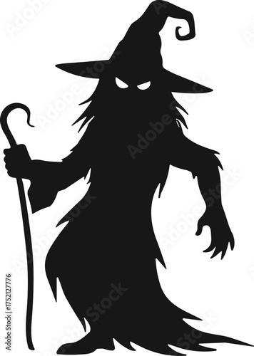 Wizard silhouette illustration, witch figure artwork, spooky Halloween design, gothic fantasy character, eerie magical sorcerer, dark mystical drawing, supernatural horror graphic