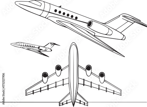 Line art depiction of various private jet aircraft designs and views
