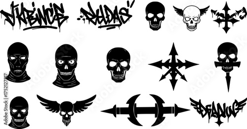 Urban street art featuring edgy graffiti elements, rebellion symbols, and anti-authority themes. Underground subculture, flash tattoo, graffiti, street art, criminal isolated elements. Vector graphic