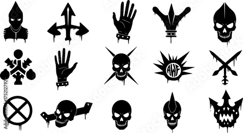 Urban street art featuring edgy graffiti elements, rebellion symbols, and anti-authority themes. Underground subculture, flash tattoo, graffiti, street art, criminal isolated elements. Vector graphic
