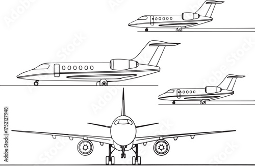 Detailed line drawing showcases multiple views of a private jet aircraft