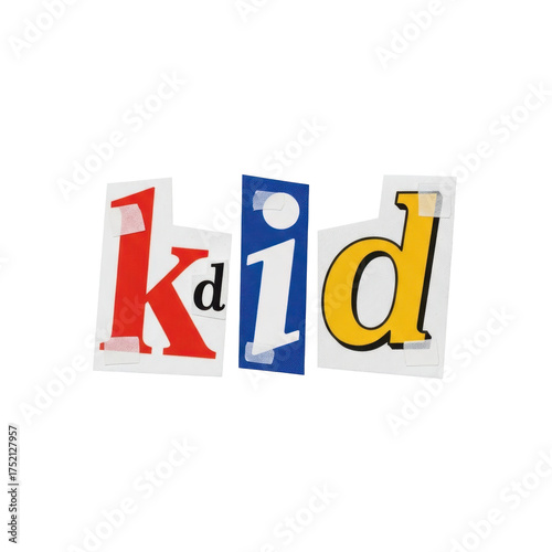 Creative ransom note style text spelling out the word KID, perfect for playful design projects and marketing needs