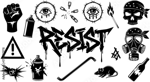 Urban street art featuring edgy graffiti elements, rebellion symbols, and anti-authority themes. Underground subculture, flash tattoo, graffiti, street art, criminal isolated elements. Vector graphic