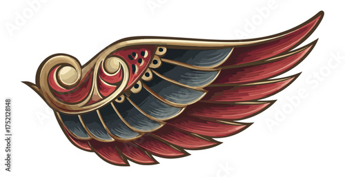 Decorative wing illustration with gold and red feathers