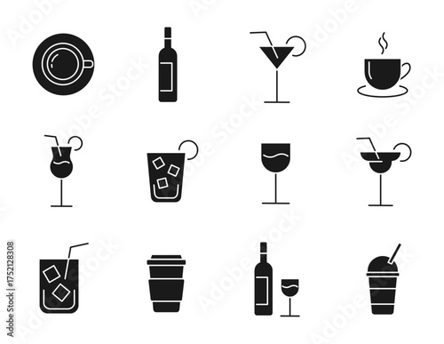 set of black silhouette of drinks and beverages icons	
