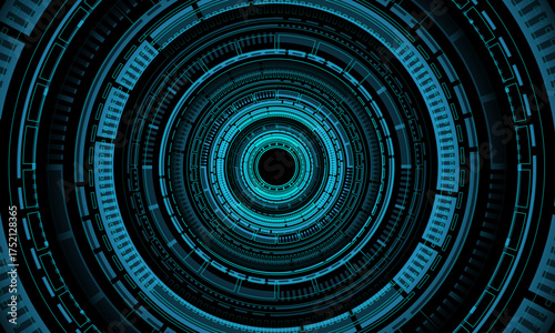 Abstract data security blue circuit board technology connected lines electronics elements computer motherboard chip processor semiconductor digital on black background vector