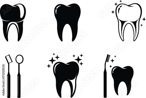 Dental icons, tooth care, oral hygiene, toothbrush, dental mirror, clean teeth, dental tools, sparkling tooth, black tooth, dental health symbols