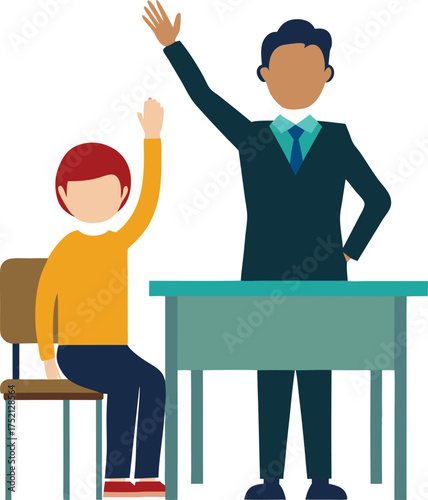 Teacher and Student Raising Hands in Classroom – Education & Learning Flat Vector
