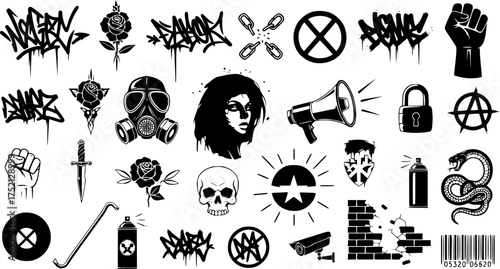 Urban street art featuring edgy graffiti elements, rebellion symbols, and anti-authority themes. Underground subculture, flash tattoo, graffiti, street art, criminal isolated elements. Vector graphic