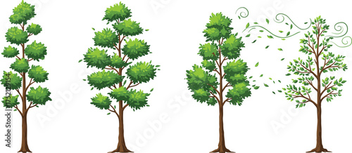 Seasonal tree transformation vector illustration showing foliage change and wind effect, abstract nature artwork for autumn, environment, and creative design