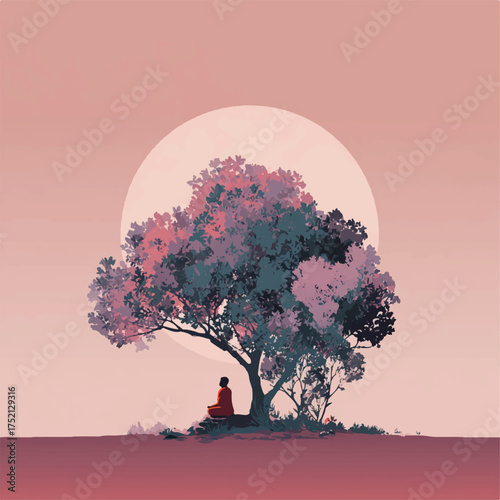 Serene monk under a tree meditation at sunrise artistic illustration peace and tranquility