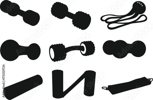 Fitness equipment, dumbbell, foam roller, resistance band, massage ball, jump rope, silhouette icons, workout gear, physical therapy, black and white