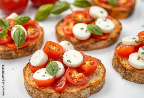 Close-up of vibrant tomato and mozzarella bruschetta on a clean white background, restaurant, appetizer