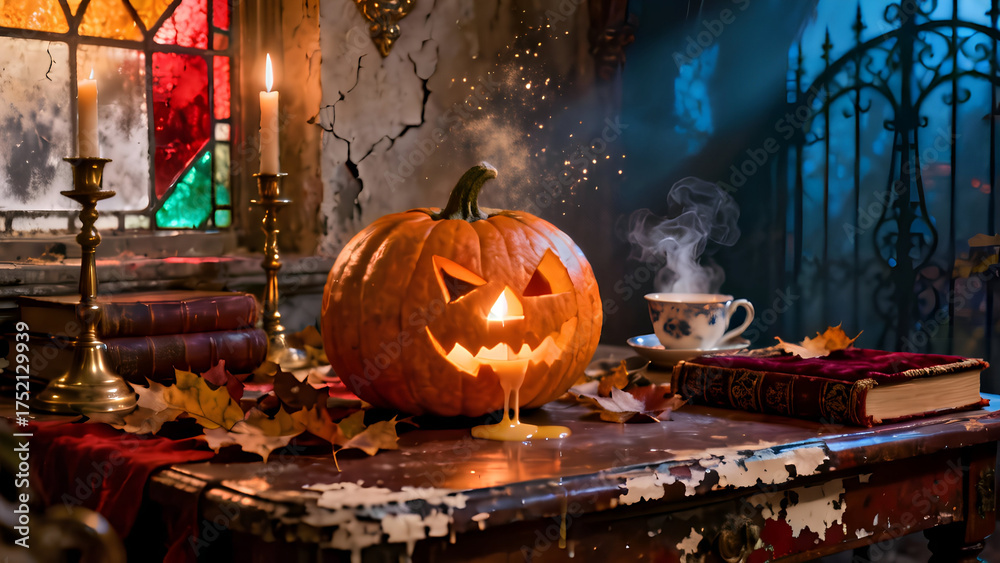 Obraz premium A realistic Halloween still life on a wooden table — carved pumpkins with glowing candles inside, dry leaves, old books, and a warm orange ambient light. Soft shadows, cinematic lighting, cozy autumn 