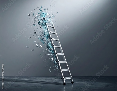 Shattered Path to Success: A visual metaphor of breaking barriers, a ladder seemingly shattering through an obstacle, embodying concepts of overcoming challenges.