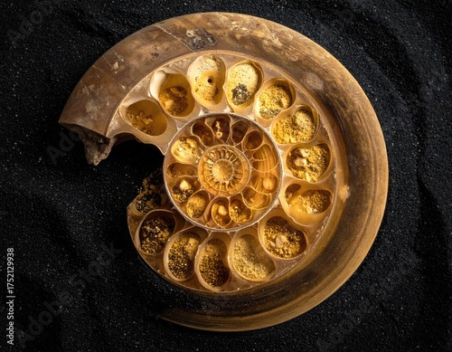 Ancient Ammonite Fossil: A cross-section of a meticulously preserved ammonite fossil, revealing its intricate chambers and spiral structure against a dark background, a testament to prehistoric life.