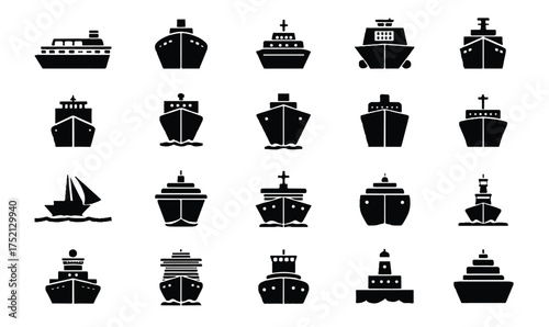 Set of different ship icons and boat vector illustration representing nautical transport and maritime vessels collection for design