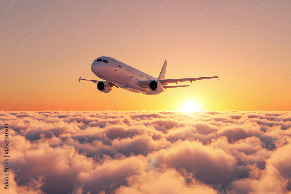 Obraz premium Airplane soaring above clouds at sunrise, a symbol of travel and adventure in the sky