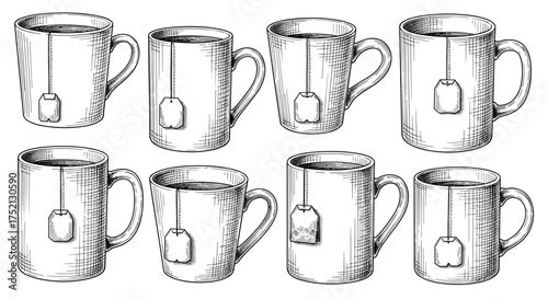 Collection of mugs with tea bags and tags engraving sketch hand drawn style black and white vintage illustration vector