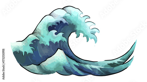 Stylized ocean wave illustration blue and turquoise watercolor isolated element