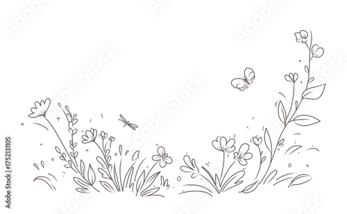 Sketch of a meadow with grass, flowers and butterflies. Simple minimal black vector illustration