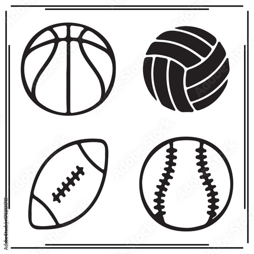 Sports Ball Silhouettes Set - Basketball, Volleyball, Football, and Baseball Icons for Sports, Recreation, and Athletic Design