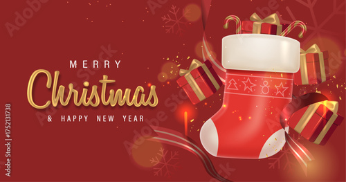 3D Red Christmas Sock with Red Gift Boxes Vector Illustration.  Merry Christmas Poster Design with Golden CHRISTMAS text