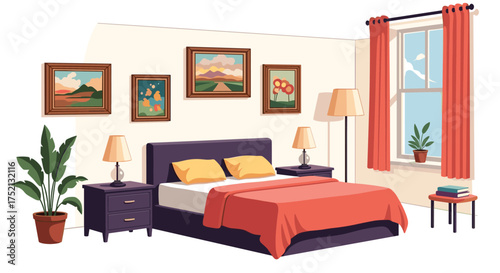 A cozy bedroom scene with paintings and a window view.